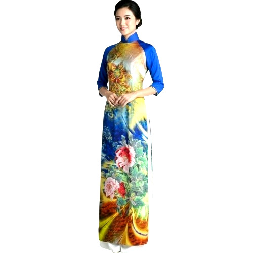 NWOT Women’s Blue Multi Abstract Floral Print Vietnamese Ao Dai Size 6/M