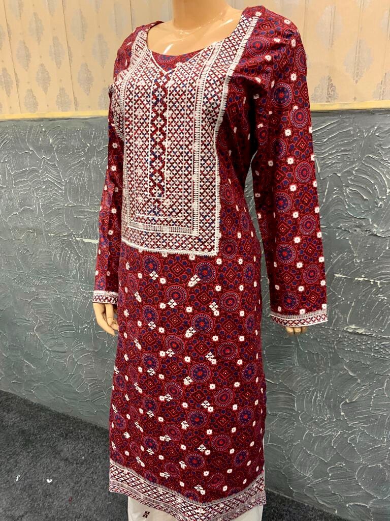 Pakistani Maroon Ajrak Printed Straight Shirt 3-PCS Lawn Dress, Threadwork,L#1