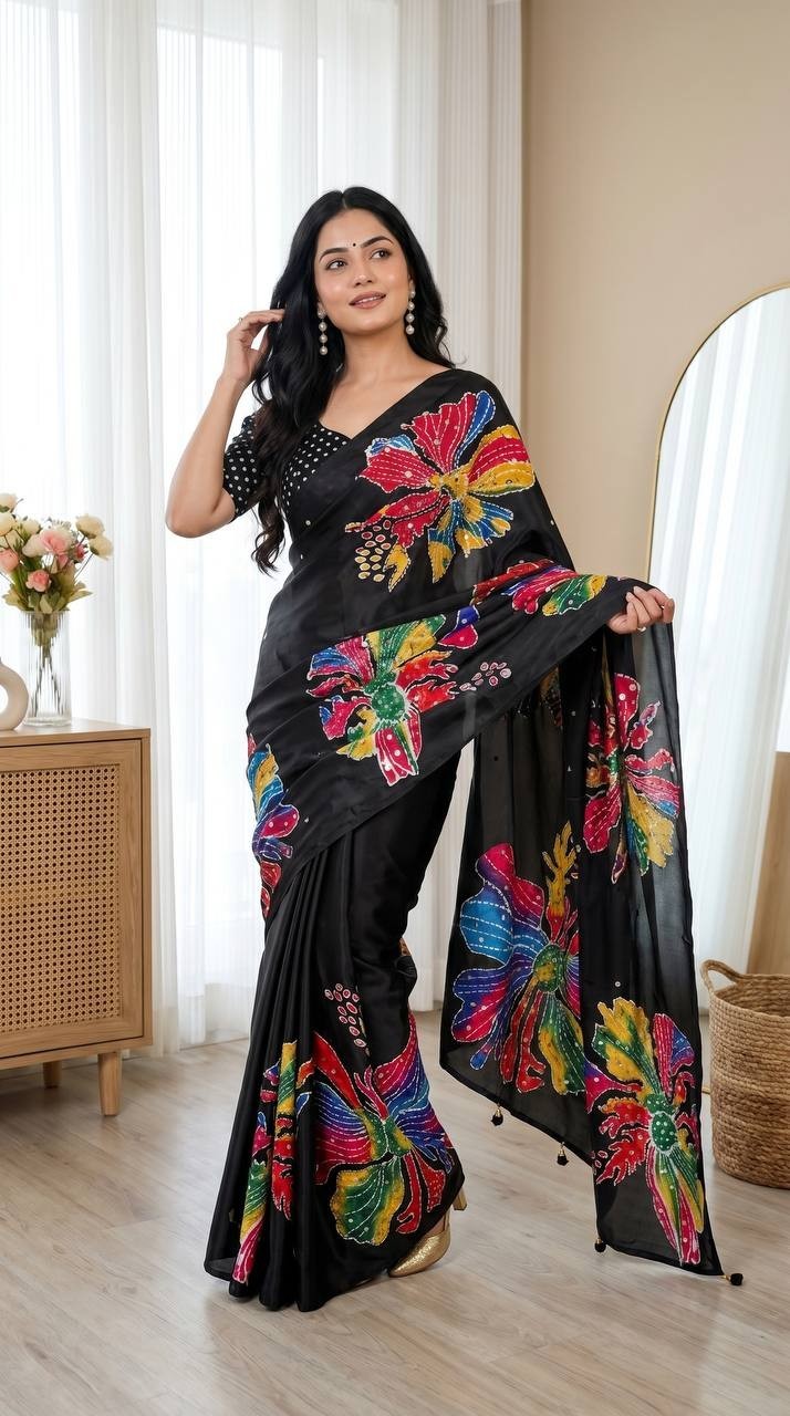Semi Model Silk Saree Real Mirror Work Floral Print Ethnic Indian Saree Blouse