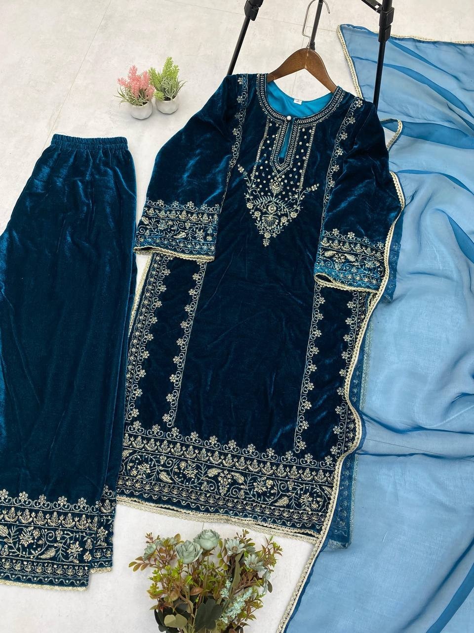 Stunning Look Velvet Teal Blue Palazzo Suit With Dupatta For Functional Wear