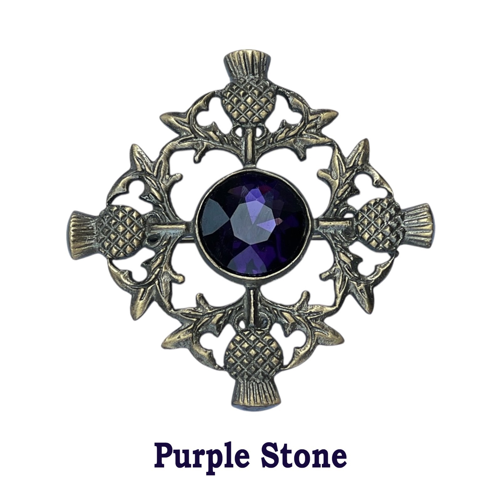 Men’s Scottish Thistle Purple Stone Brooch Antique Finish Fly Plaid Brooch