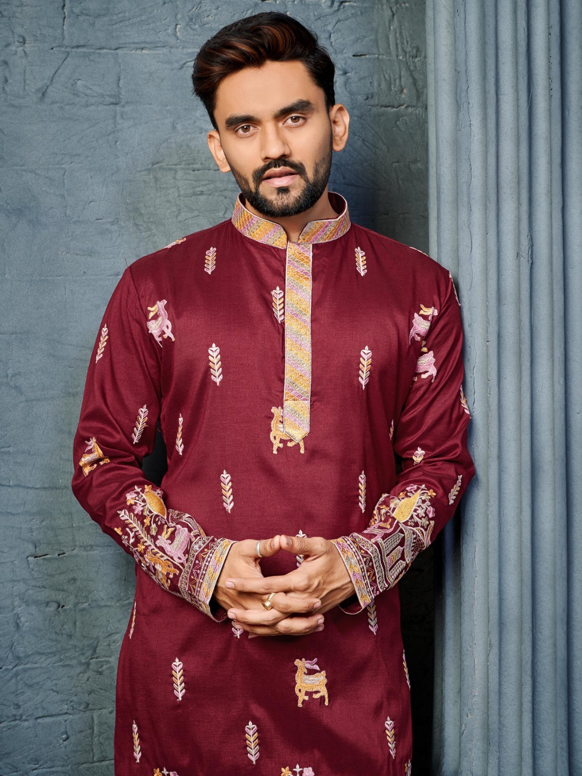 Men’s Maroon Embroidered Kurta Indian Wedding Party Wear Designer Ethnic Outfit