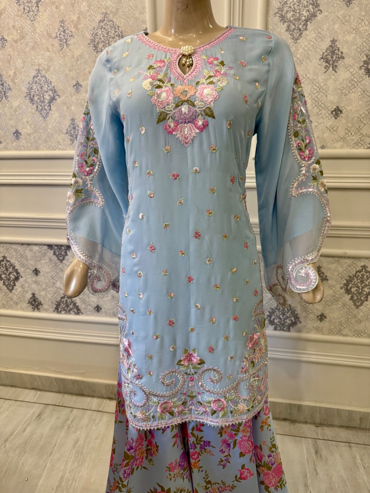 Pakistani Light Blue chiffon & Silk fancy Embroidered Sharara Dress,XL