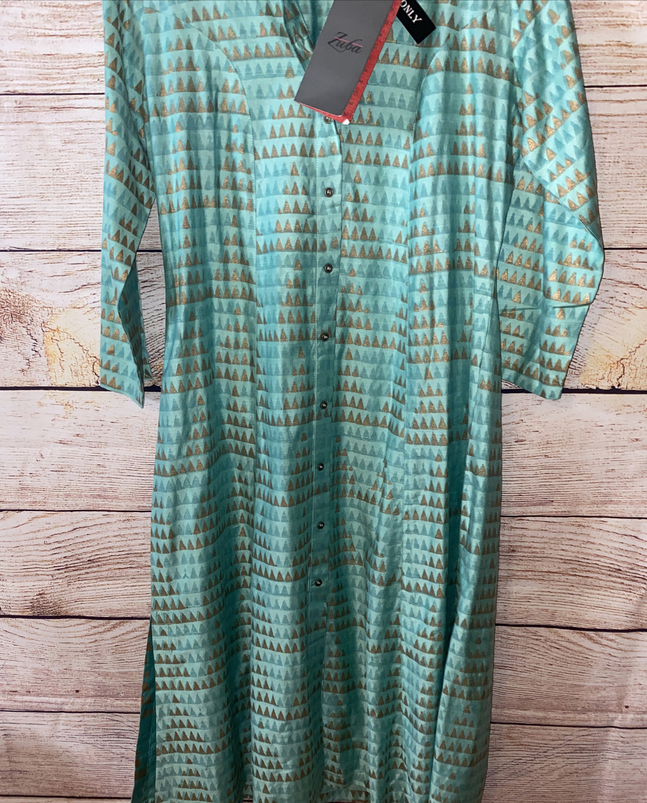Zuba MIDI Viscose/Silk Kurta Dress Sz M Green Gold Metallic Print Button Down