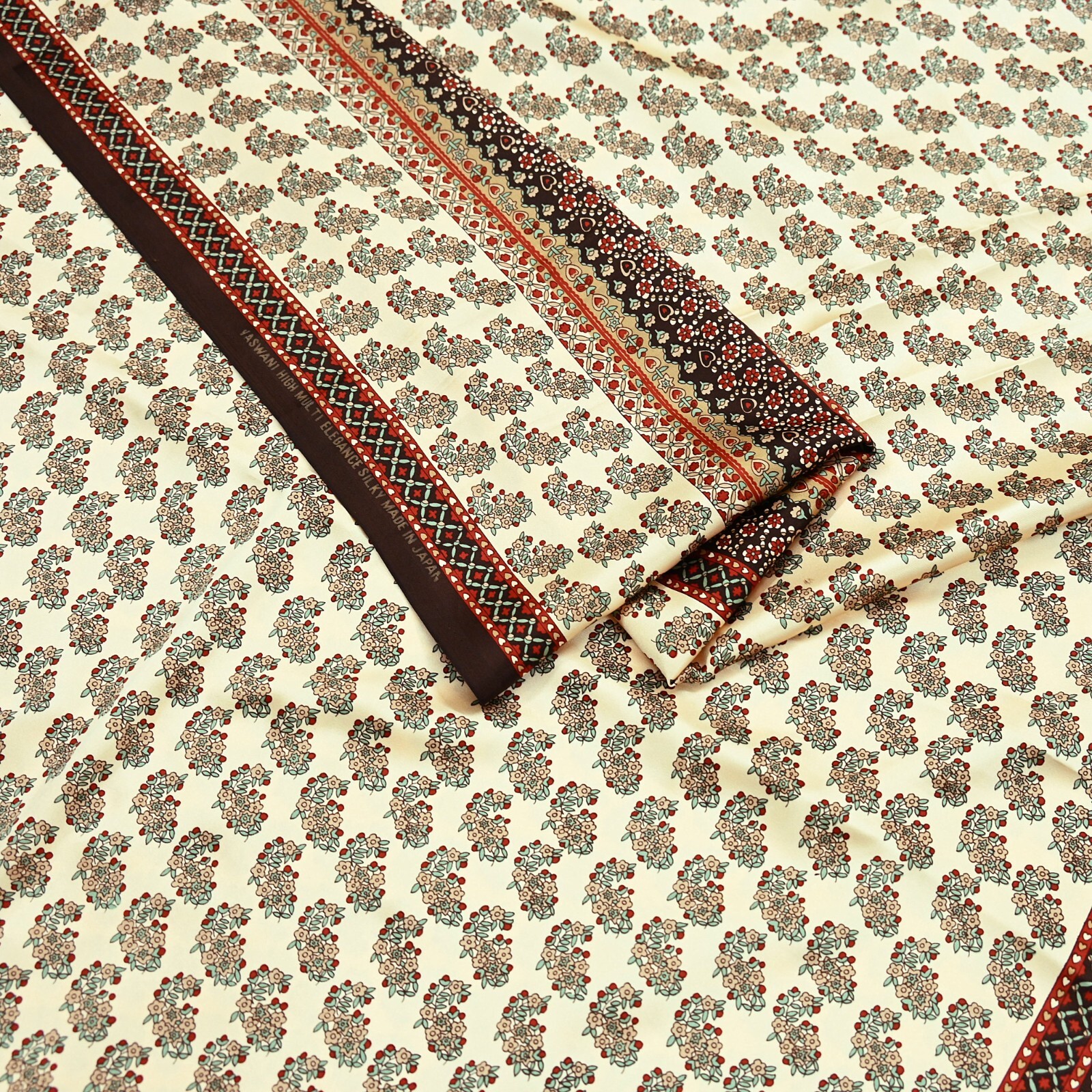 Indian Vintage Saree Beige Satin Printed Sari 5yd Sewing Floral Soft Craft Fabri