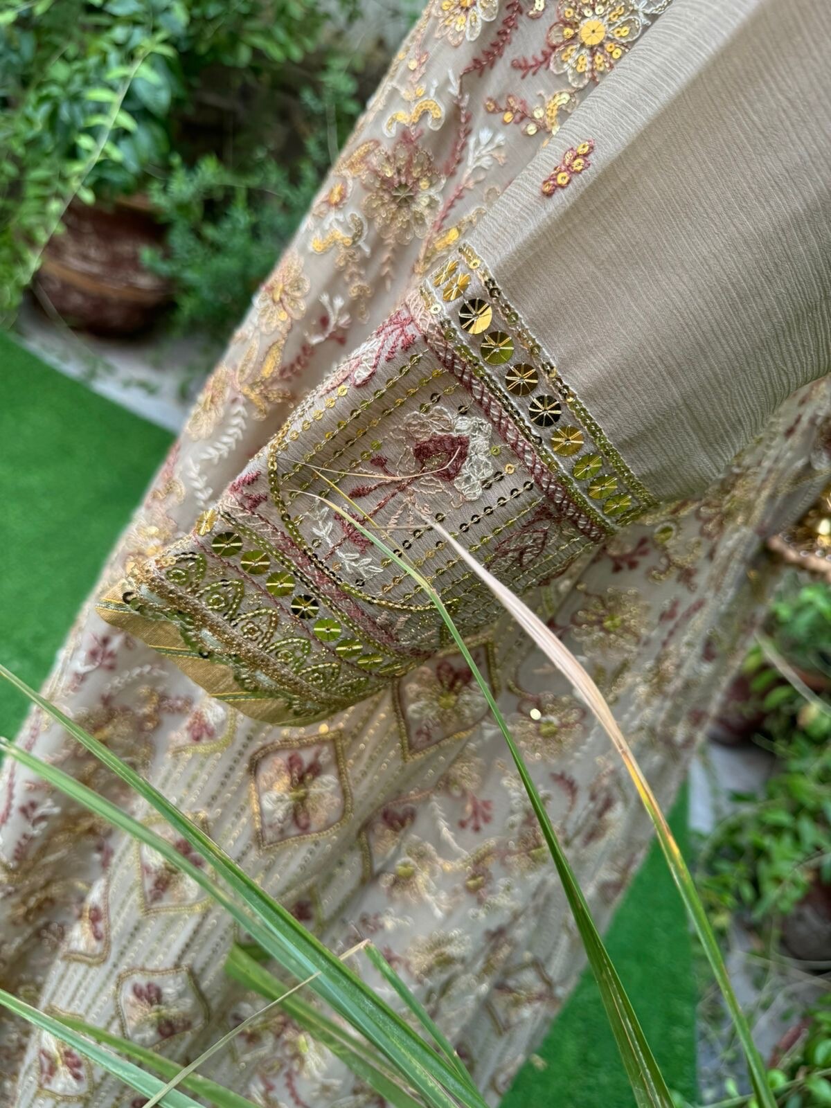 Pakistani Beige & Gray Long Maxi Style Embroidered Sequins Chiffon Dress,L