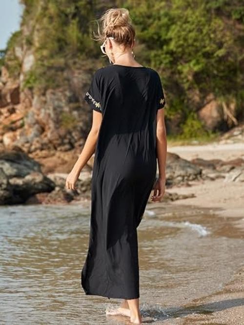 Women Kaftan V Neck Casual Bathing Suit Kimono Sleeve Side One Size Black 03