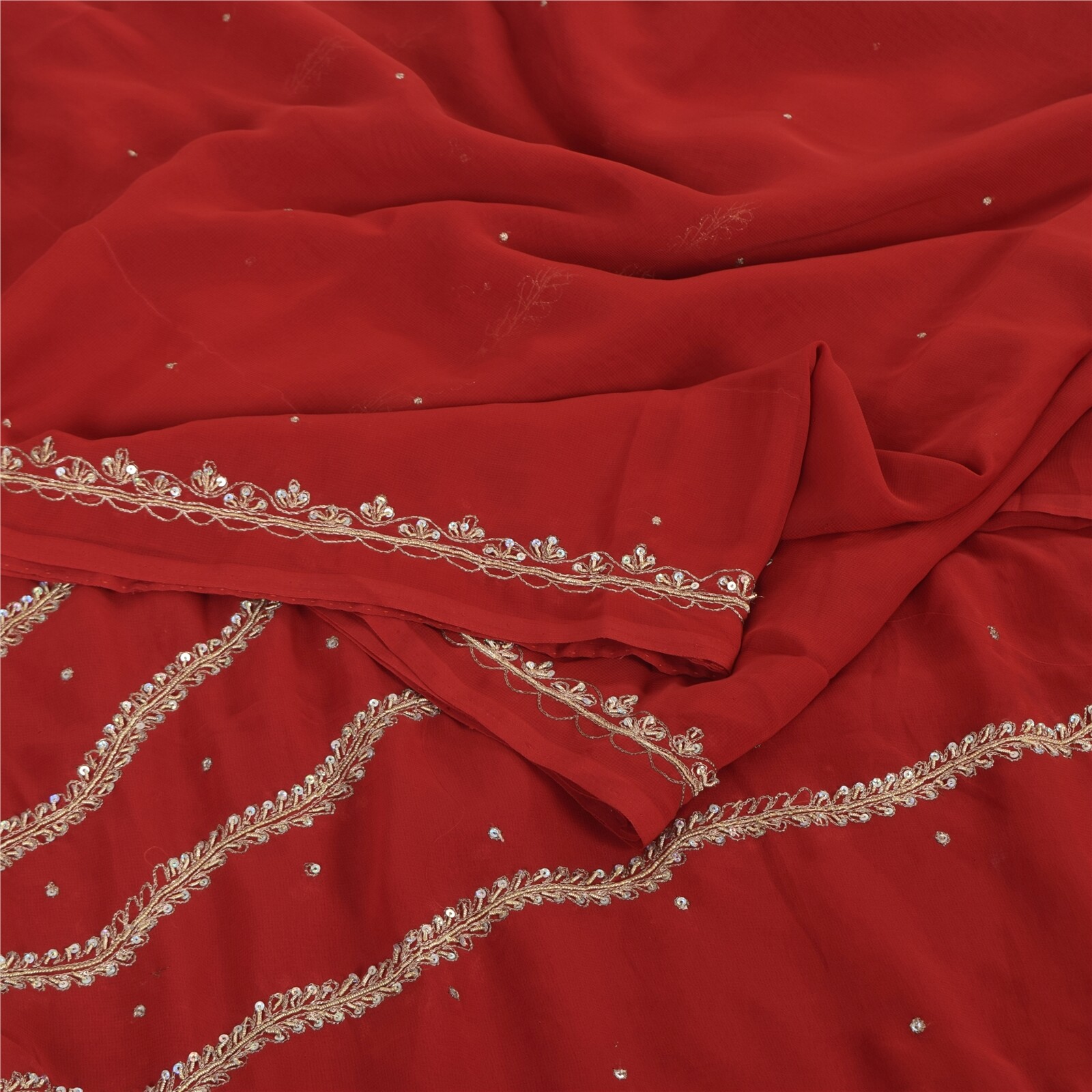 Sanskriti Vintage Red Indian Saree Georgette Hand Beaded Zardozi Fabric Sari