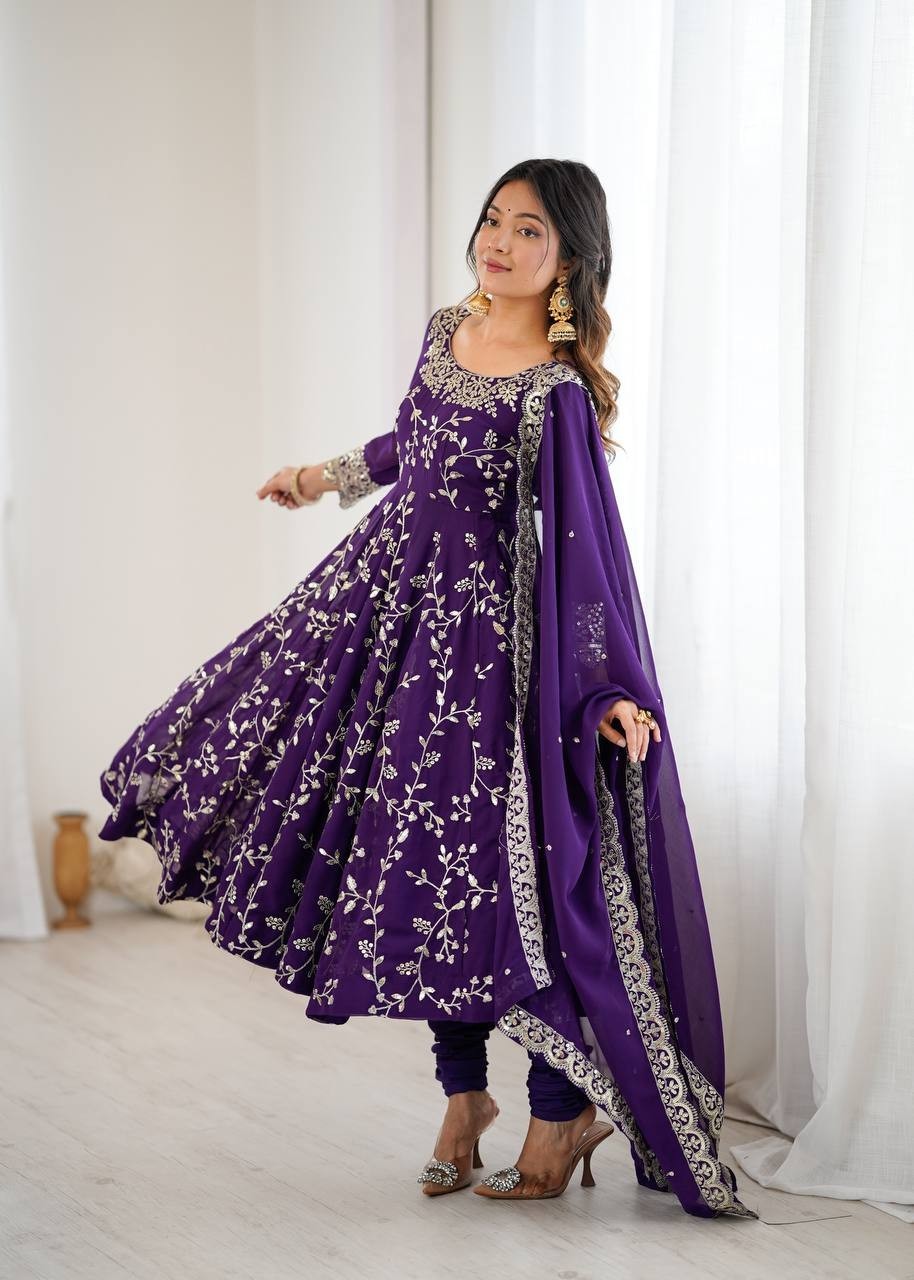 Elegant Purple Georgette Embroidery Sequins Work Flared Anarkali Gown 3 Pc Set