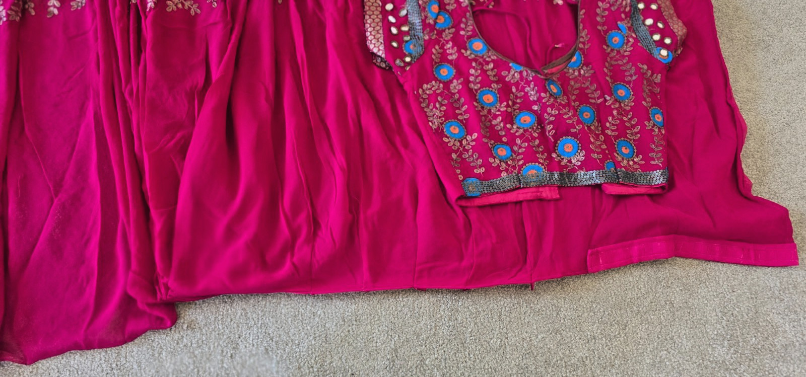 Pre-Stitched Red Chiffon Saree | Blue Gold Embroidery | 6-Yd Craft Fabric Canvas