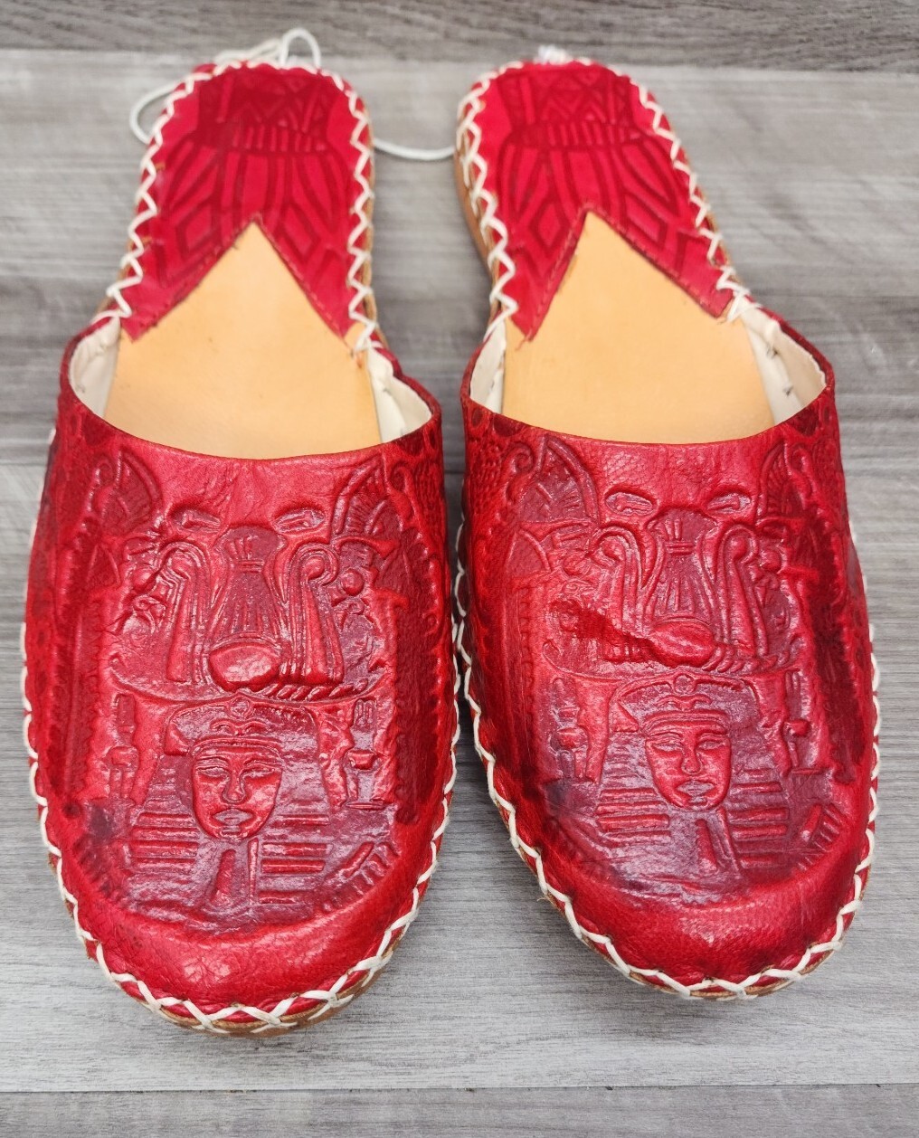 New Red Leather Slip On Slippers Middle Eastern Etched Leather