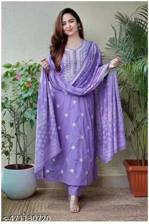 3 PCS Lavendar Floral Rayon Kurta Pant Dupatta Set For Women Pure Cotton Gift