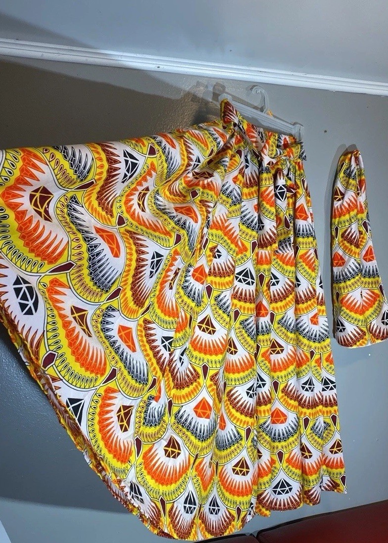 Maxi Circle Skirt African Ankara Print Diamonds Maroon Orange Yellow W/Hair Wrap