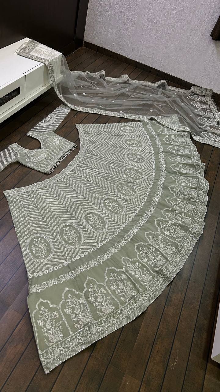 Reception Wear Georgette Grey Lehenga Choli And Net Dupatta For Women & Girls
