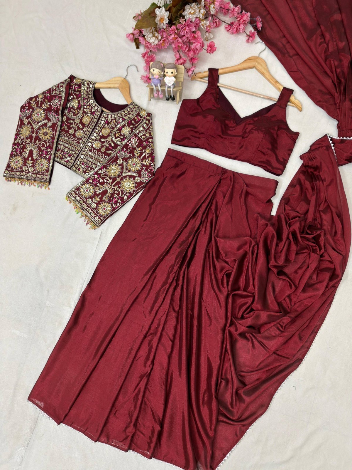 Women Maroon Embroidered Crop Jacket Blouse Palazzo Dupatta Set Designer Indo XL
