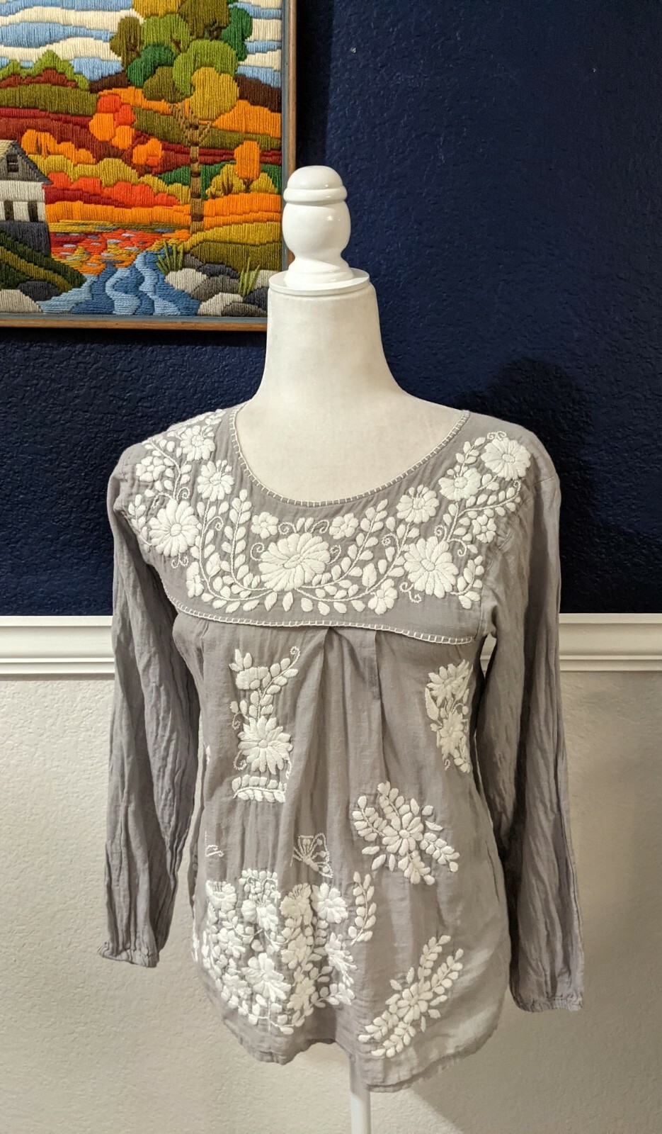 Siren Mexican Embroidered Boho Gray Shirt Blouse Festival Sz XS Extra Small