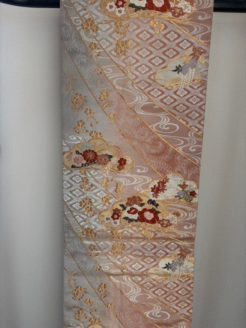 Japanese Fukuro Obi Pale Pink Gray Floral Wave Raden Kimono Sash Box