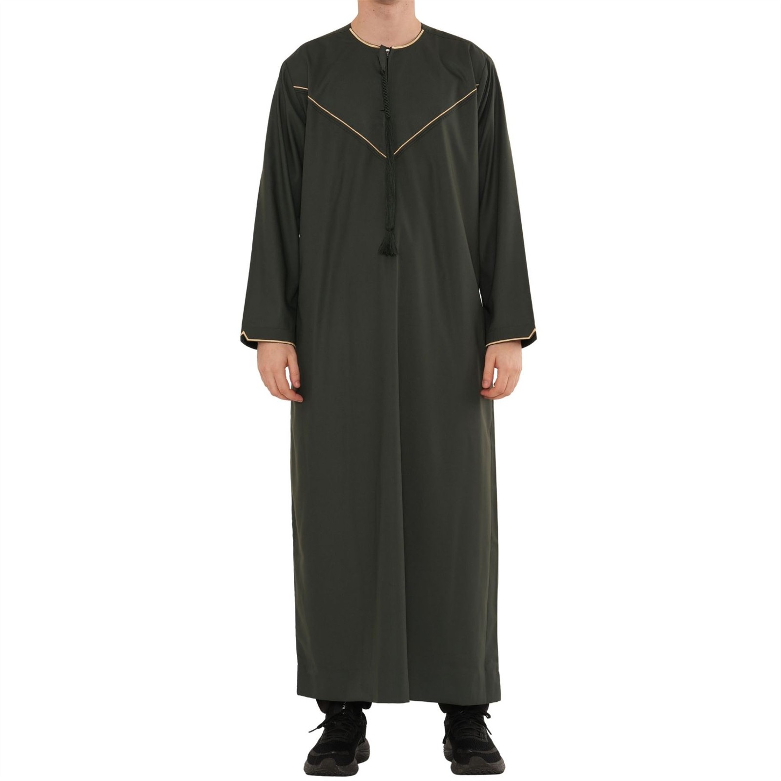 Men’s Green Thobe Emirati Omani Jubba Islamic Muslim Eid Gold Embroidery