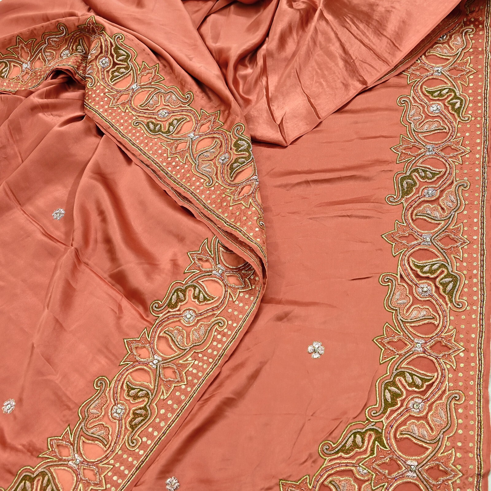 Vintage Heavy Peach Sari Hand Embroidered Saree Pure Satin Silk 5yd Ethnic Dabka