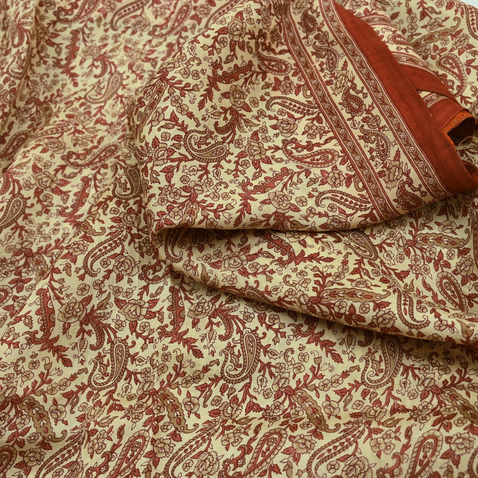 Indian Vintage Sari Brown & Ivory Pure Silk Printed Sarees Craft Fabric 6yd