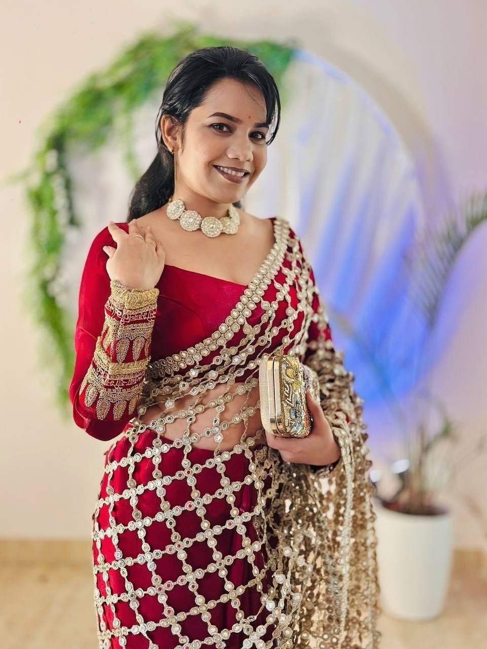 Designer Fendy Silk Maroon Color Saree with Mirror Work & Unstichhed Blouse