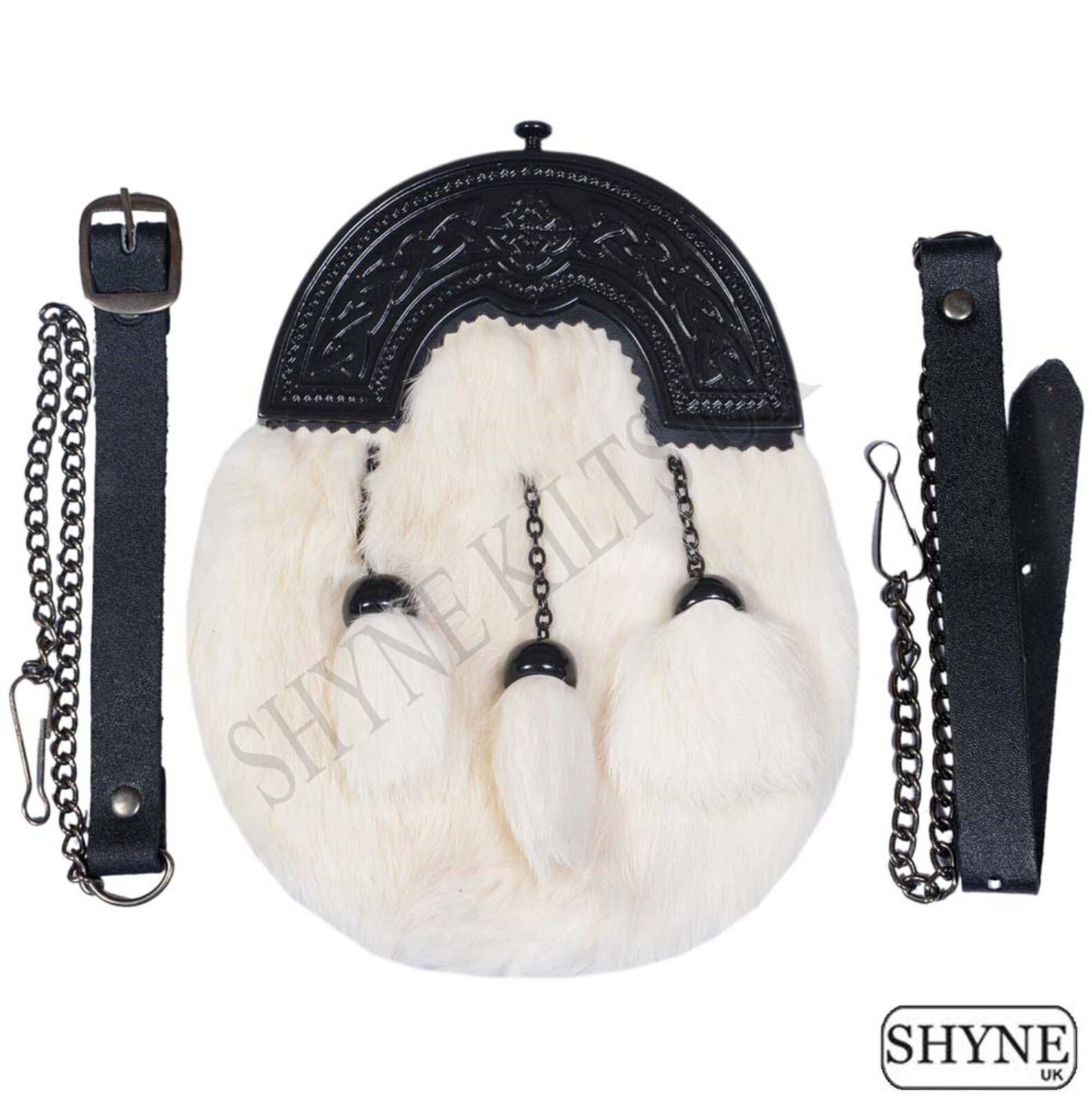 WHITE RABBIT FUR FULL DRESS SPORRAN WITH BLACK FINISH CANTLE 3 WHITE TASSELS