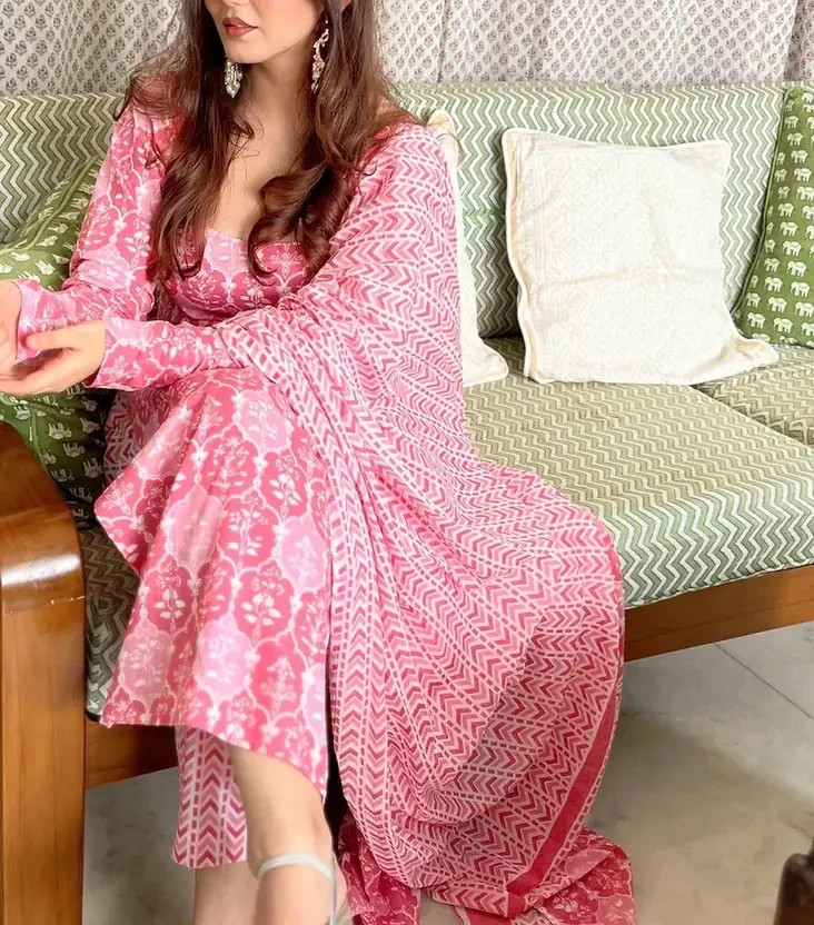 Women’s Cotton Rayon Kurti Pant Dupatta Set Indian Pakistani Ethnic Kurta Set