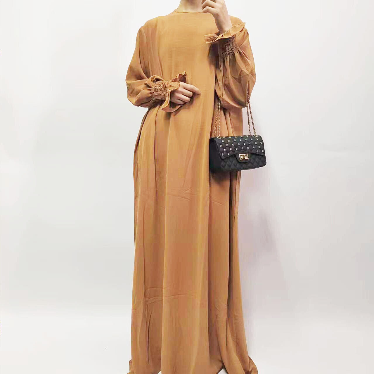 Muslim Women Solid Color Long Sleeve Abaya Loose Robe Simple Maxi Dress Kaftan