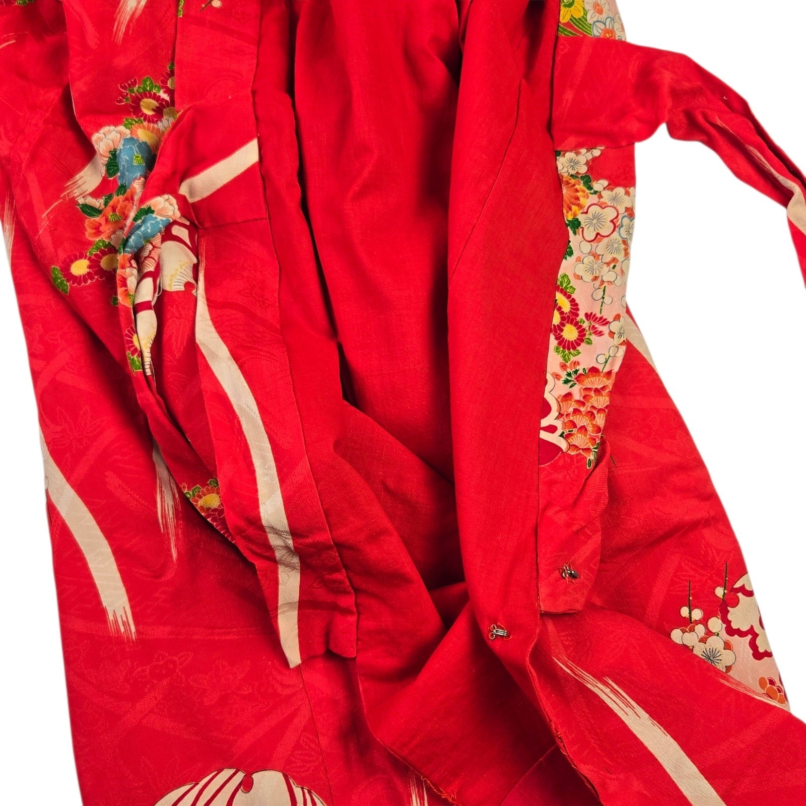 Vintage Kimono Handmade Red Printed Cotton Lined Asian Floral