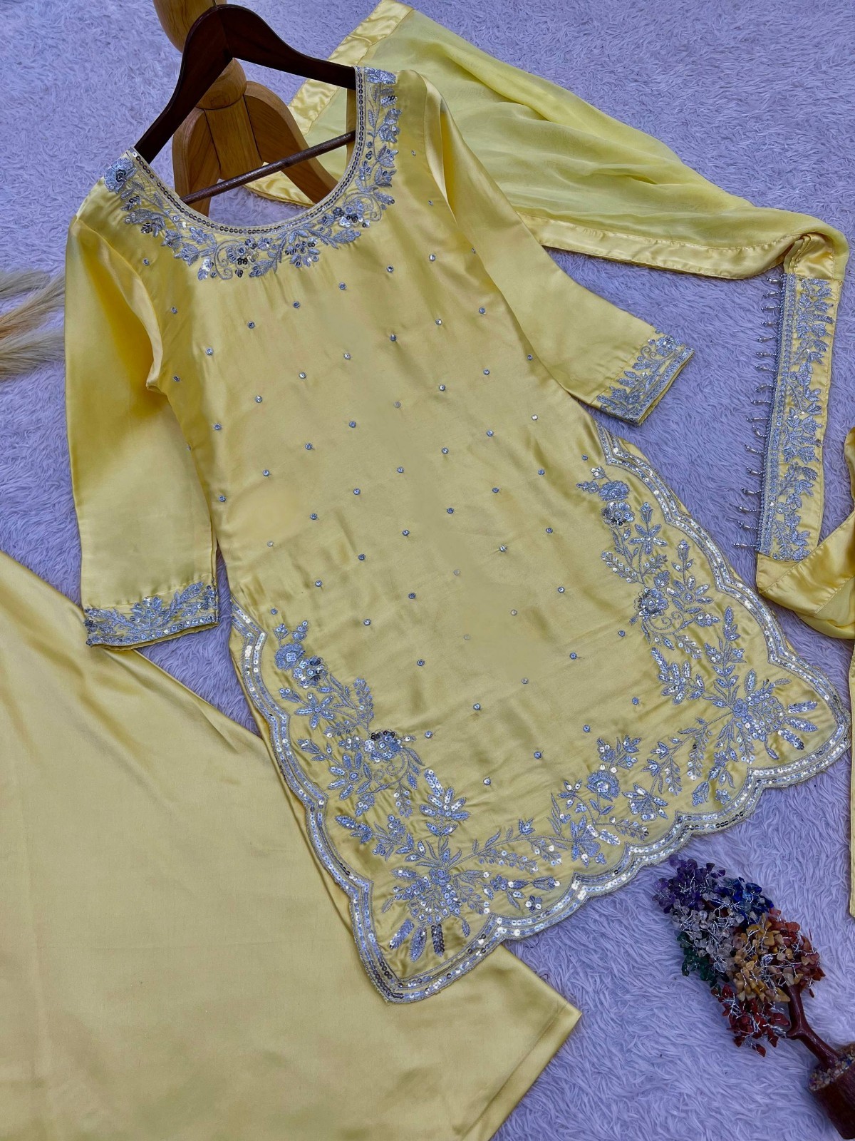 New Designer Yellow Devsena Silk Kurta Palazzo With Dupatta For Wedding Wear