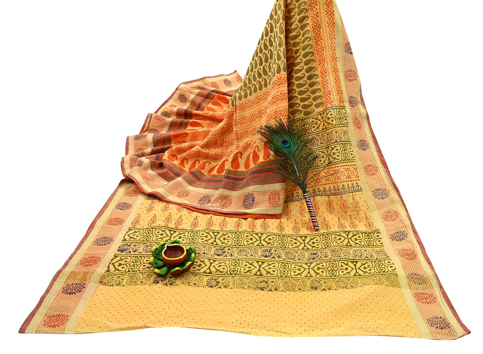 Indian Vintage Yellow Block Printed Pure Chanderi Silk Saree Floral Zari Fabric