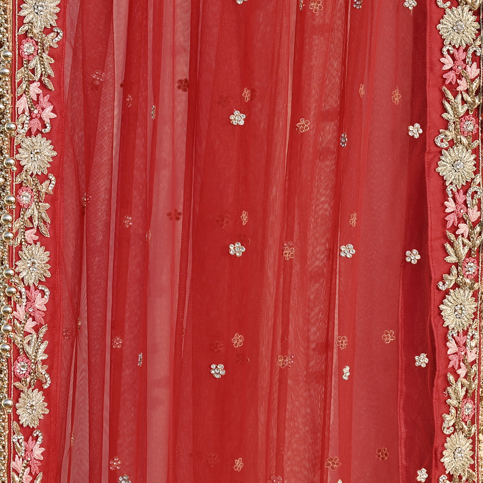 Indian Heavy Wedding Red Net/Mesh Hand Embroidered Lehenga 3pcs Designer Set