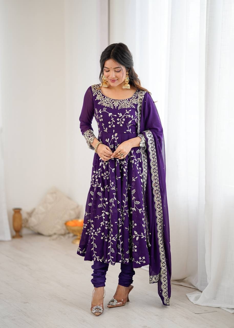 Elegant Purple Georgette Embroidery Sequins Work Flared Anarkali Gown 3 Pc Set