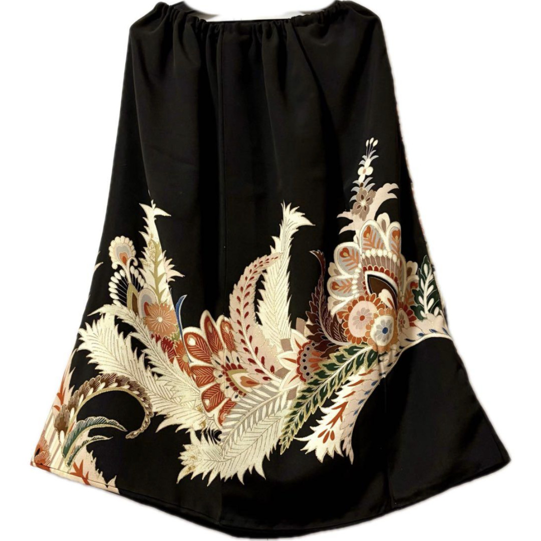 Used Kimono Outfit Black Jacket Crest Phoenix Pattern Skirt Set
