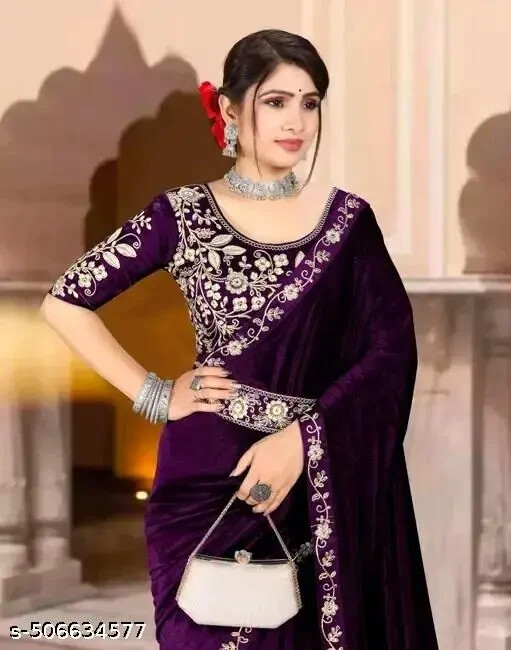 Women’s Velvet Embroidery Border Saree With Embroidery work Blouse Piece