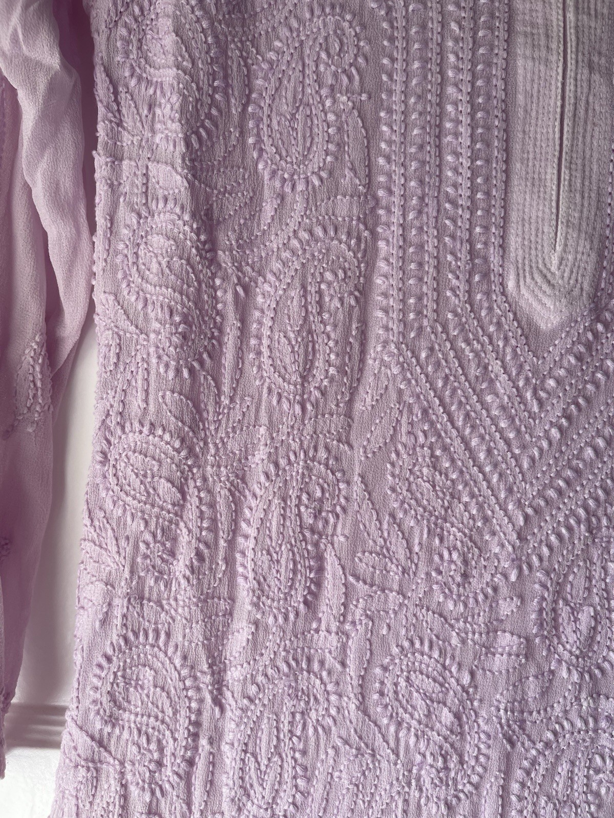 Custom Lilac Coloured Chikankari Embroidered Georgette Long Kurta Size 32 Bust