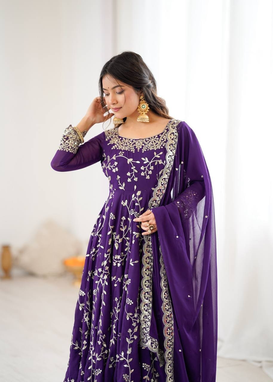 Elegant Purple Georgette Embroidery Sequins Work Flared Anarkali Gown 3 Pc Set