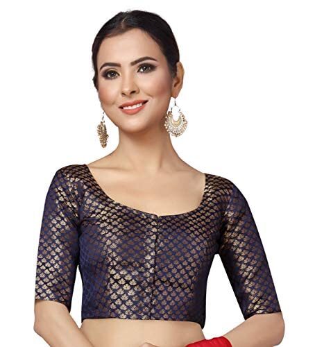 Festival Wedding Special Women’s Brocade Elbow Sleeves Saree Blouse Navy Blue