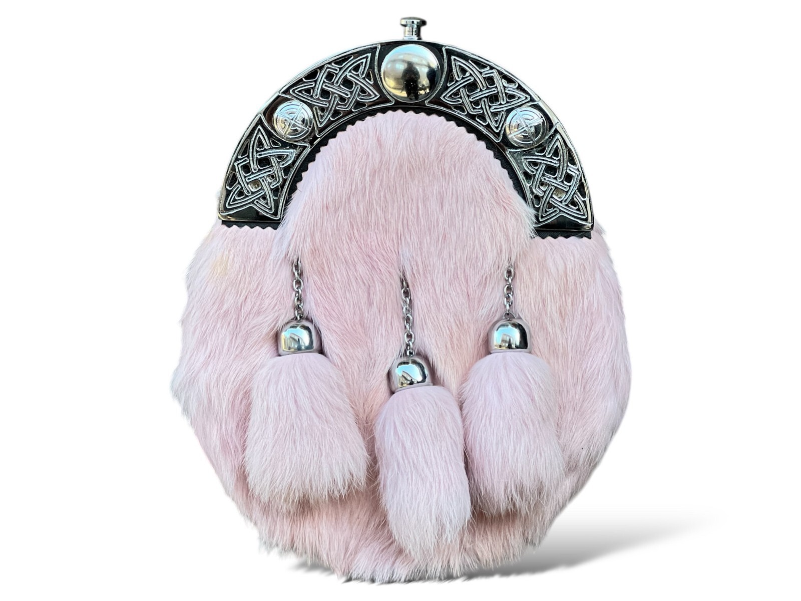 Men’s Scottish Baby Pink Fur Sporran 3 Tassels Kilt Sporran With Chain Belt