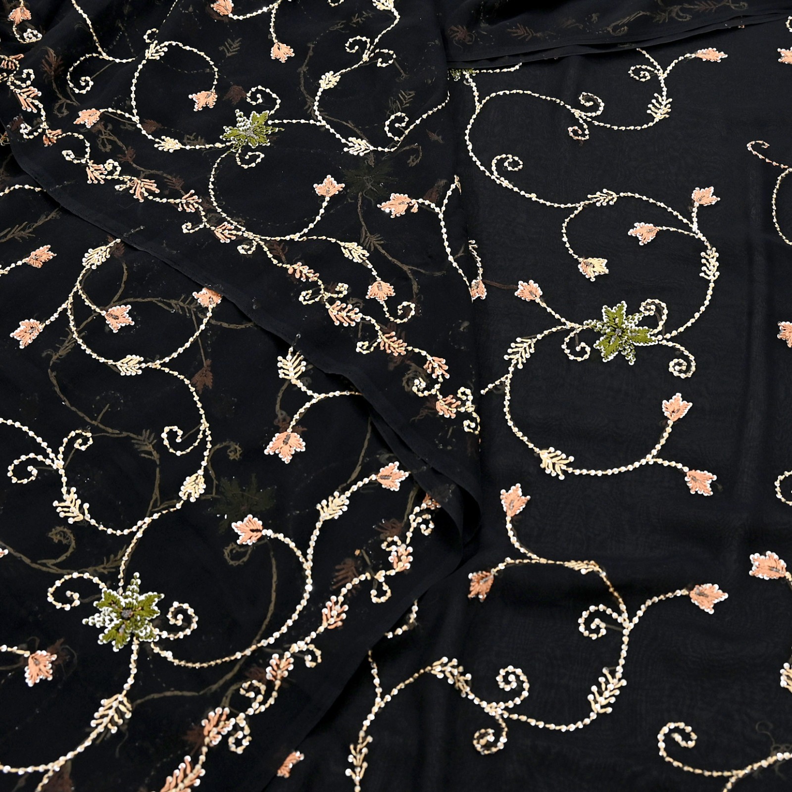Indian Vintage Heavy Sari Black Pure Georgette Silk Hand Beaded Sarees Ethnic