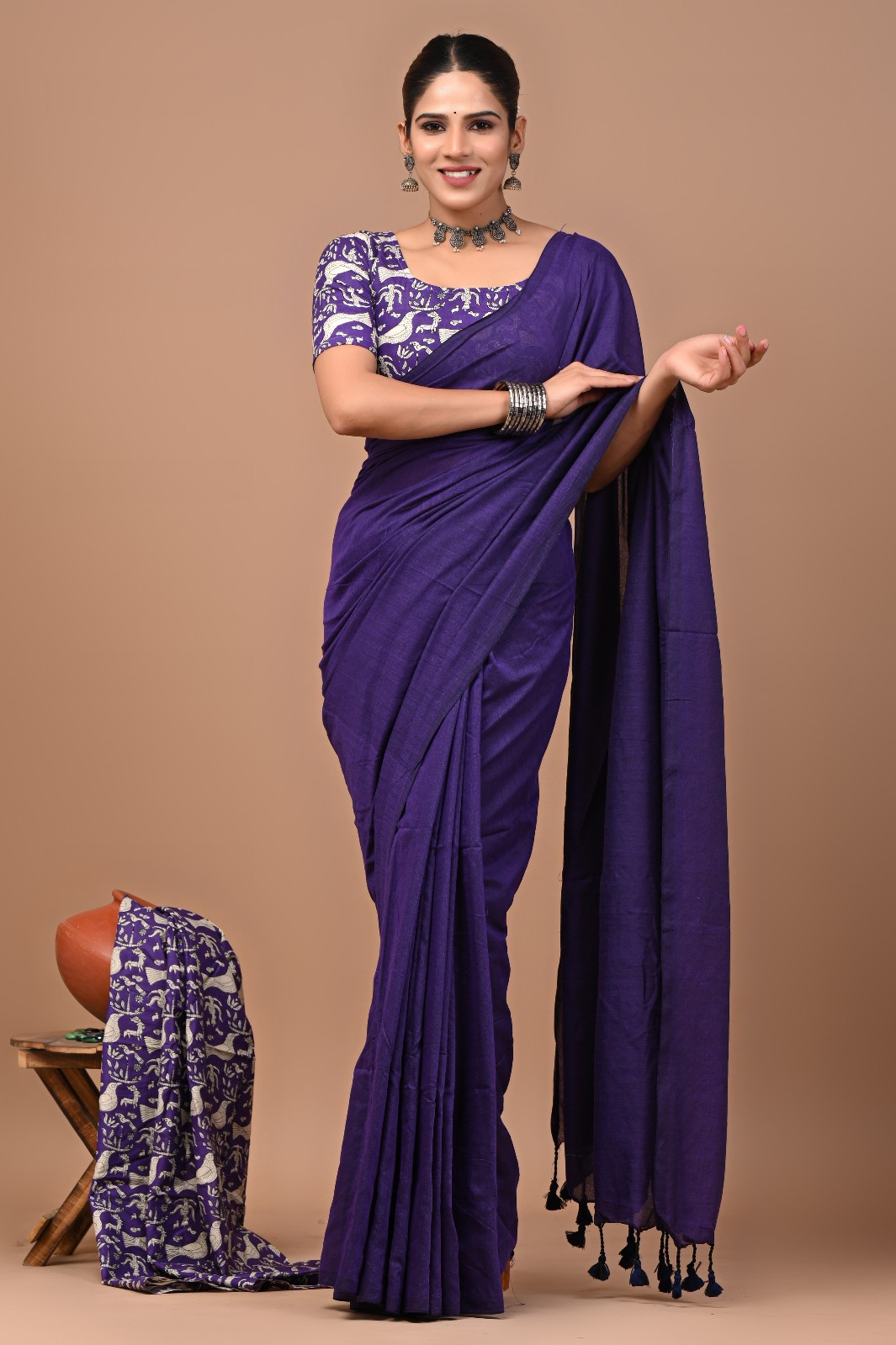 Women Plain Purple Khadi Cotton Saree with Printed Blouse Piece Soft Ethnic Wear