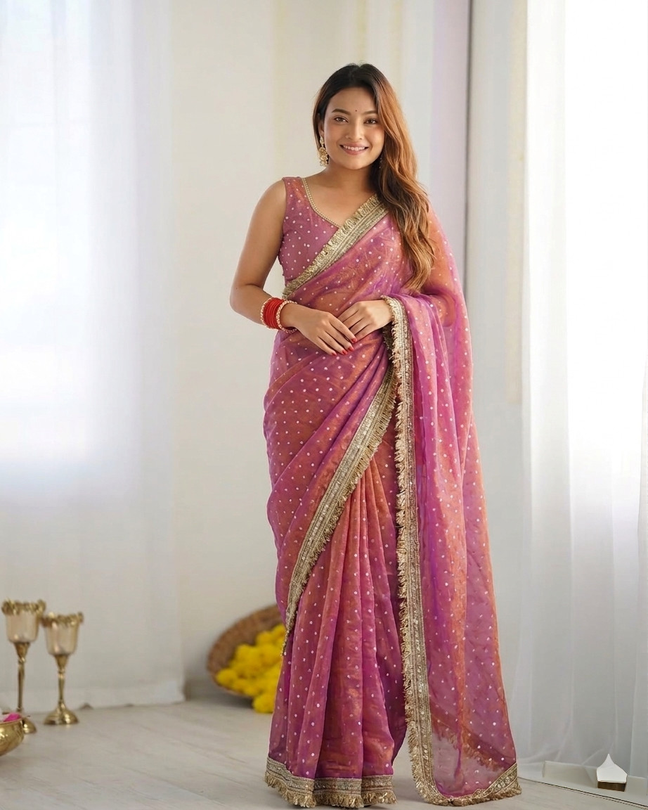 Shimmer Organza Silk Saree Heavy Golden Fringe Border Party Wear Sari Women Silk