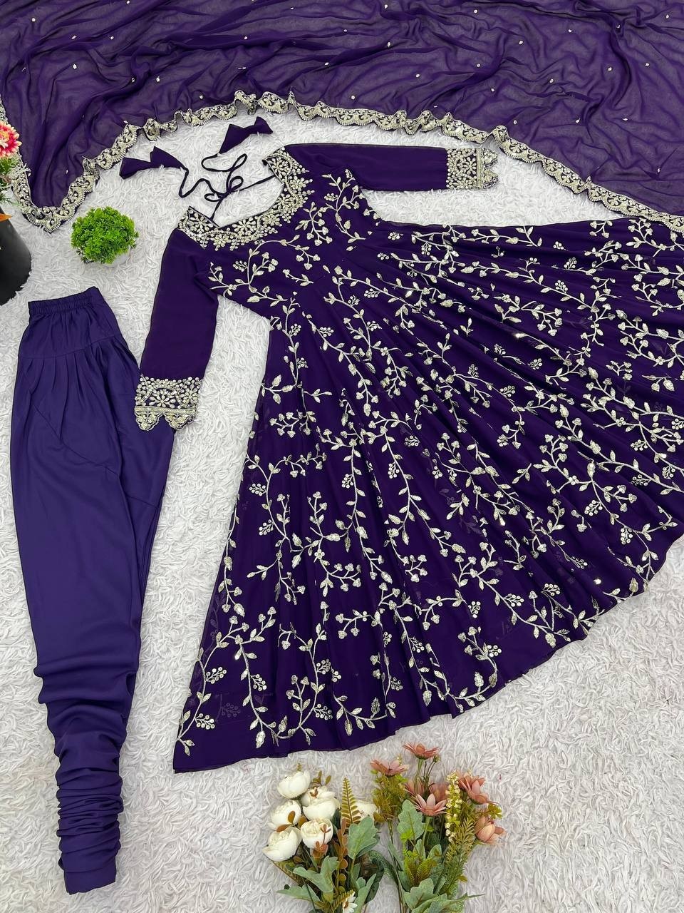 Elegant Purple Georgette Embroidery Sequins Work Flared Anarkali Gown 3 Pc Set