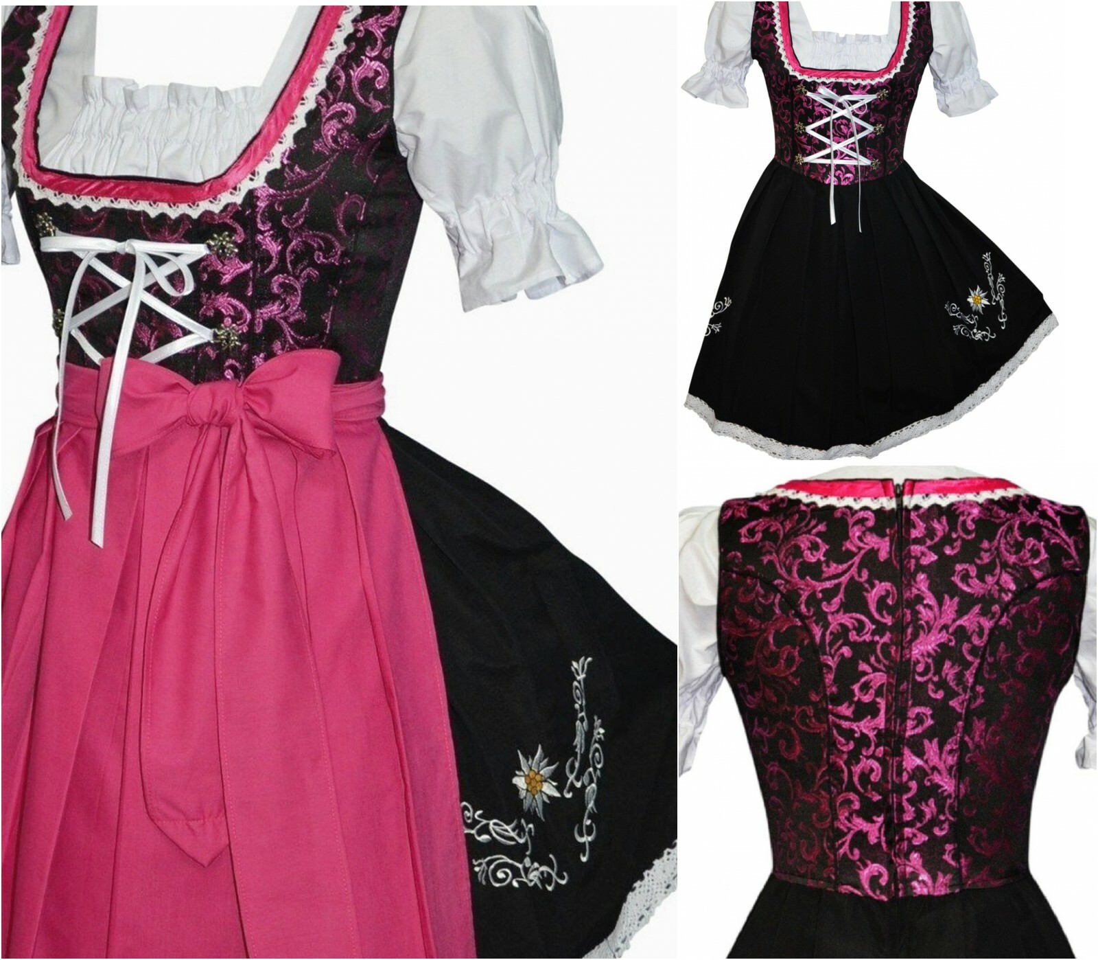 S 8 Black Pink German Dirndl Dress Short EMBROIDERED Oktoberfest Party 3 Pc SET