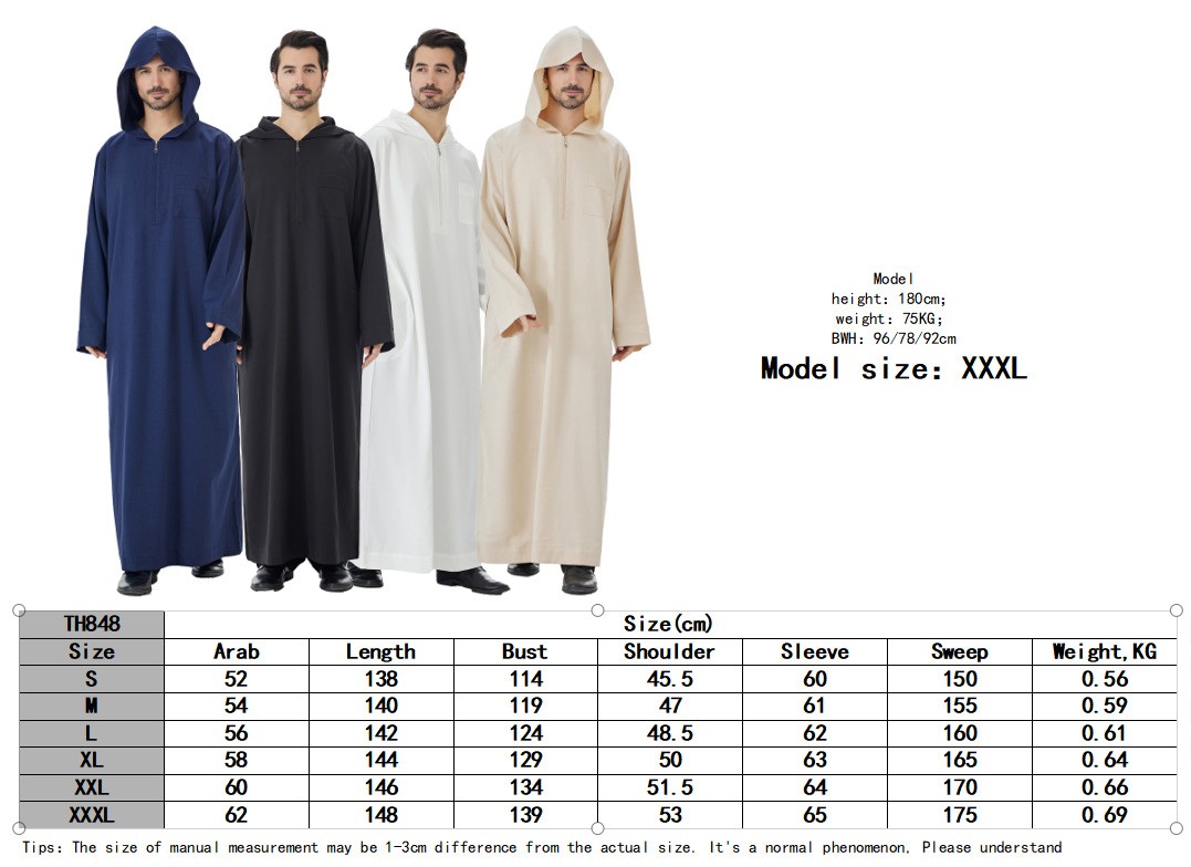 Men Islamic Robe Arab Caftan Muslim Hooded Dubai Thobe Jubba Dishdasha Thoub New