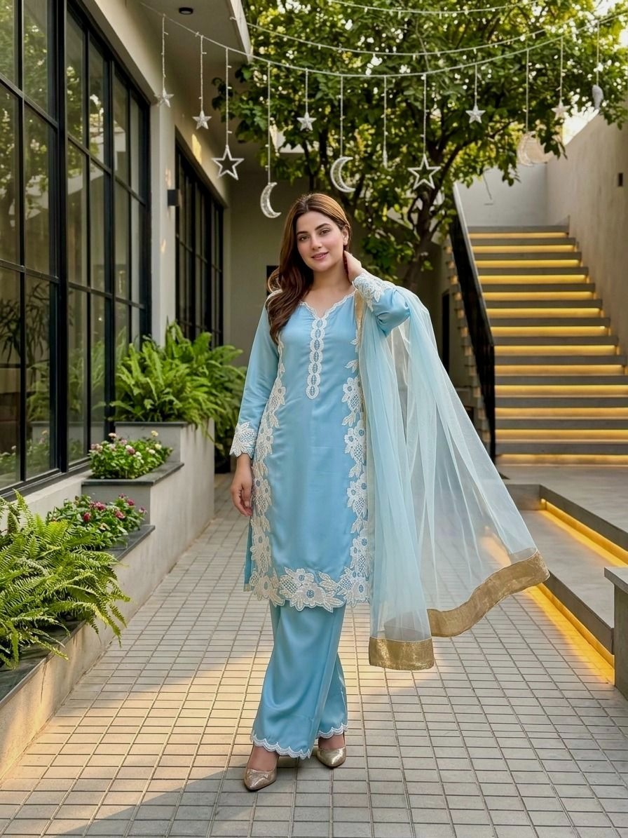 Latest Heavy Natural Silk Skyblue Top Lehenga With Dupatta For Functional Wear