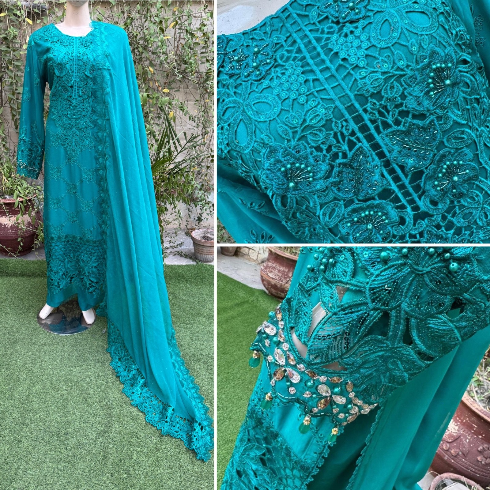 Pakistani Teal Fancy Chiffon Dress with embroidery & Squins work,L
