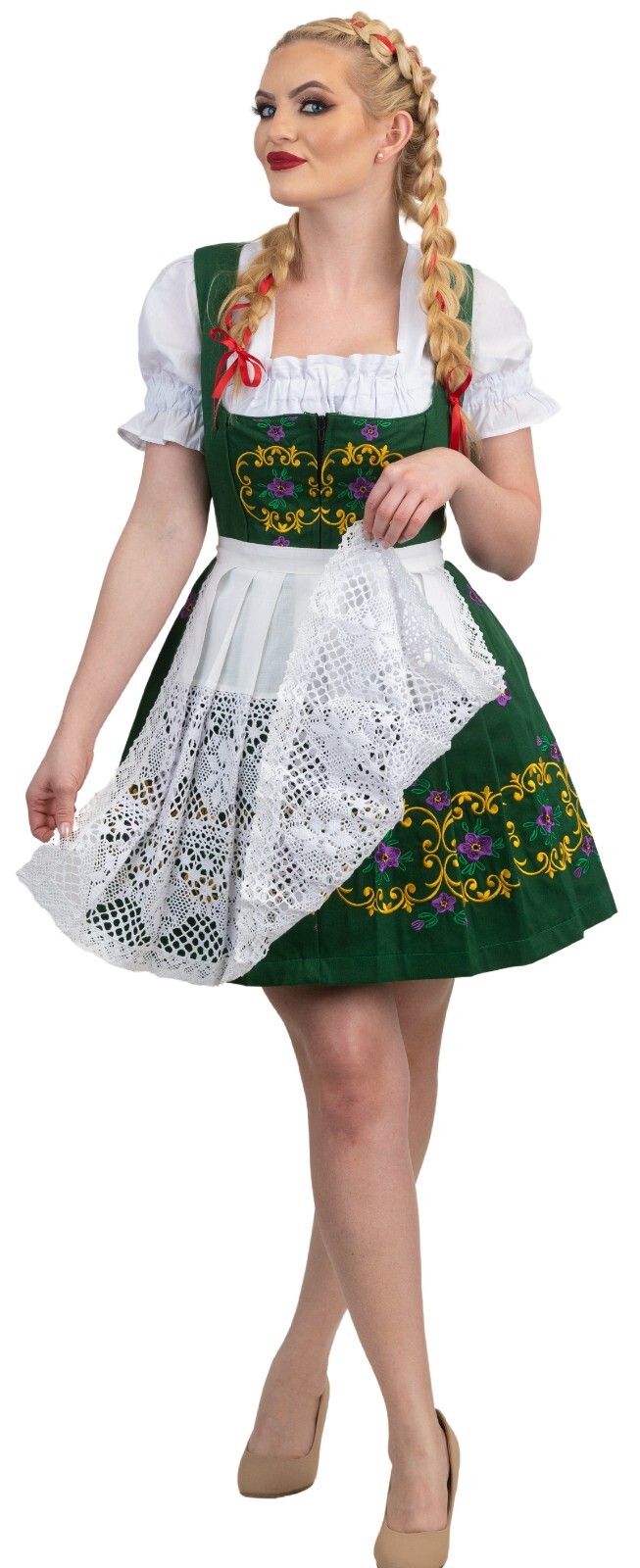 M 12 German Dirndl Dress + Lace Apron + Top EMBROIDERED Oktoberfest ELEGANT