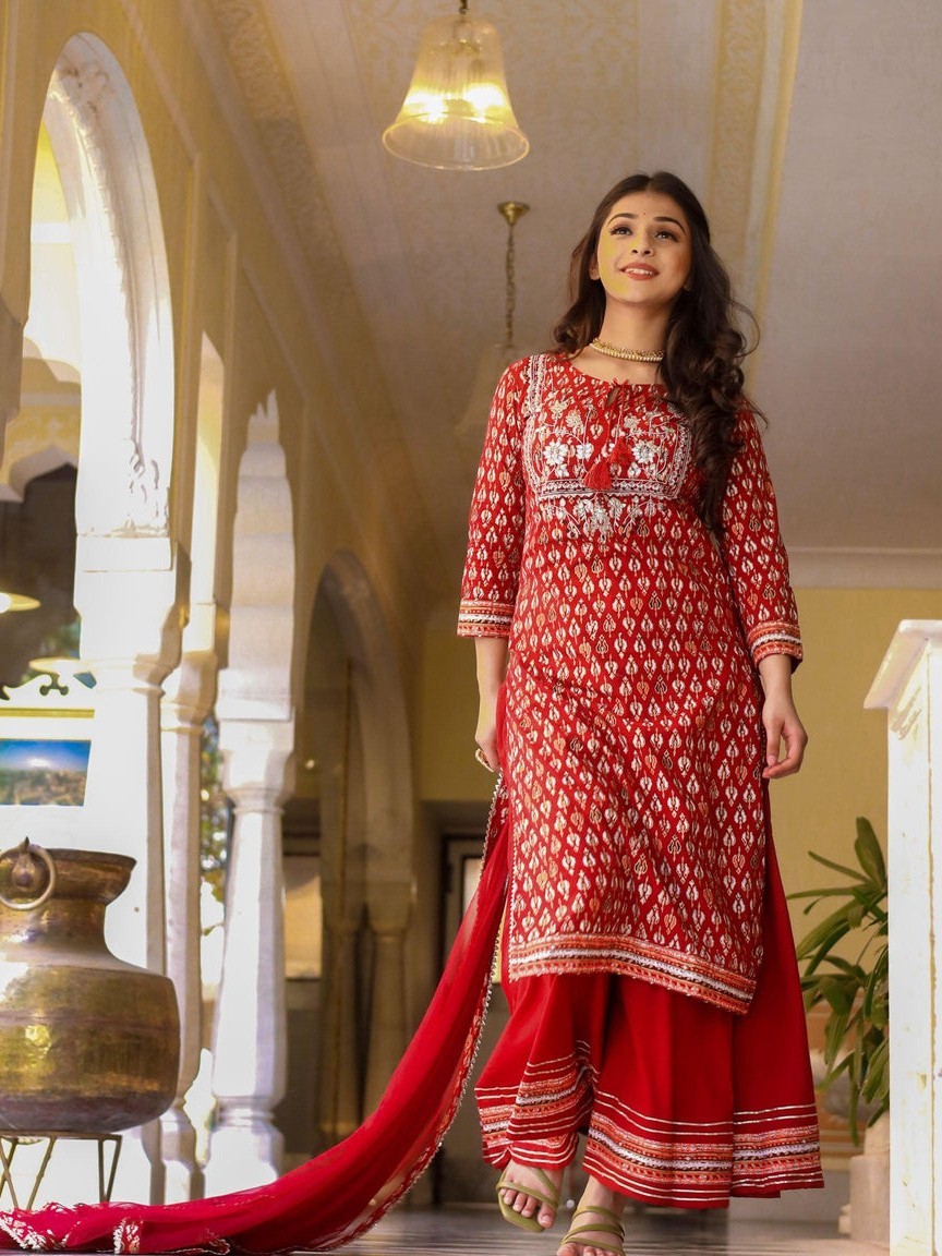 Maroon Cotton Kurta Palazzo Set with Net Dupatta for Women Ethnic Suit Plus Size