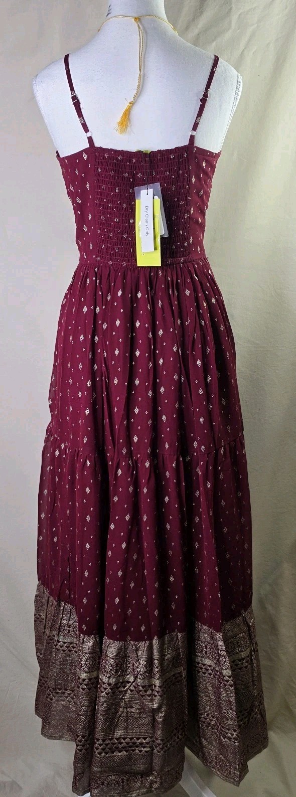 Globus Burgundy Gold Embroidered Dress Size L New with Necklace & Earrings Set